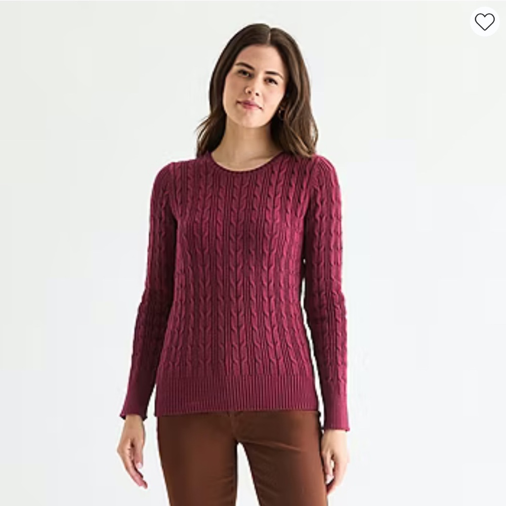 ST JOHNS BAY Women Sweater Cable Crew Classic Preppy Purple Plum Petite Medium